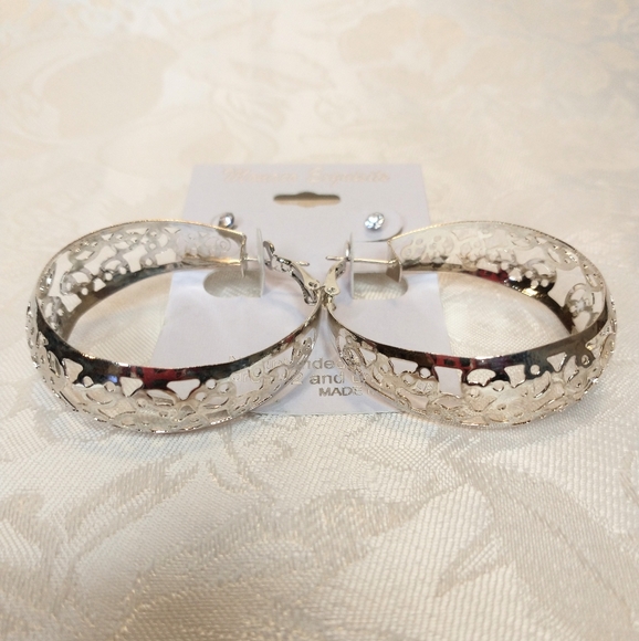 Monaco Exquisite Silver Filigree Hoops and Clear Rhinestones Statement Earrings - Picture 3 of 3